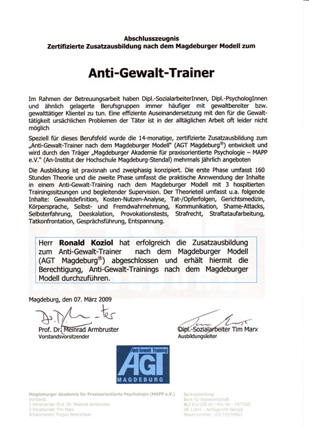 Urkunde Anti-Gewalt-Trainer