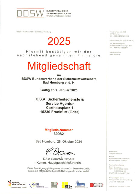 Zertifikat BDSW-2025